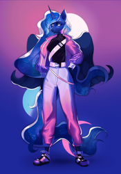 Size: 2000x2863 | Tagged: safe, artist:orfartina, princess luna, alicorn, anthro, plantigrade anthro, g4, clothes, female, full moon, gradient background, high res, jacket, moon, pants, shoes, solo