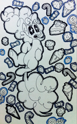 Size: 697x1122 | Tagged: safe, artist:kluzart, pinkie pie, earth pony, pony, g4, cake, candy, food, ice cream, lollipop, muffin, solo, tongue out, traditional art