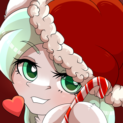 Size: 2500x2500 | Tagged: safe, artist:kaintaniel, oc, oc only, oc:mint shine, pony, candy, candy cane, christmas, commission, food, hat, heart, high res, holiday, mint hair, santa hat, solo, white fur, ych result