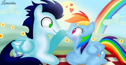 Size: 1980x1020 | Tagged: safe, artist:mlplary6, rainbow dash, soarin', pegasus, pony, g4, blushing, boop, boyfriend and girlfriend, cloud, duo, female, flower, heart, looking at each other, looking at someone, love, lying down, male, mare, ponyloaf, prone, rainbow, romantic, ship:soarindash, shipping, sky, smiling, smiling at each other, stallion, straight, sun