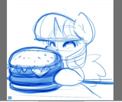 Size: 1030x861 | Tagged: safe, alternate version, artist:zutcha, twilight sparkle, alicorn, pony, g4, burger, cute, eating, eyes closed, female, food, giant food, hoof hold, imminent stuffing, mare, monochrome, simple background, sketch, solo, that pony sure does love burgers, twiabetes, twilight burgkle, twilight sparkle (alicorn), white background