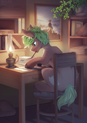 Size: 2119x3000 | Tagged: safe, artist:trickate, oc, oc only, oc:matcha brewstar, earth pony, pony, bag, book, bookshelf, chair, commission, desk, earth pony oc, fine art parody, high res, indoors, male, mouth hold, night, oil lamp, pen, sitting, solo, stallion, table, unshorn fetlocks, wanderer above the sea of fog, writing