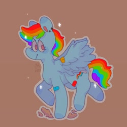 Size: 1440x1440 | Tagged: safe, artist:ariariari.png, rainbow dash, pegasus, pony, g4, bandaid, brown background, ear piercing, piercing, simple background, solo