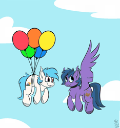 Size: 1500x1600 | Tagged: safe, artist:starcasteclipse, oc, oc only, oc:feather freight, oc:jimm, earth pony, pegasus, pony, animated, balloon, commission, duo, earth pony oc, floating, flying, gif, missing wing, pegasus oc, ych result