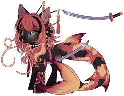 Size: 4412x3439 | Tagged: safe, alternate version, artist:loxord666, oc, oc only, oc:eitatsu, pony, seapony (g4), belt, bracelet, clothes, ear piercing, earring, female, japanese, jewelry, katana, mare, markings, necklace, piercing, seapony oc, simple background, solo, sword, transparent background, vest, weapon, whiskers