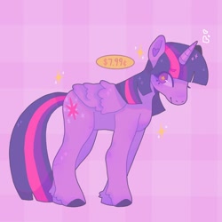 Size: 1440x1440 | Tagged: safe, artist:ariariari.png, twilight sparkle, alicorn, pony, g4, colored hooves, plaid background, price tag, solo, sparkles, twilight sparkle (alicorn)