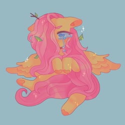 Size: 1440x1440 | Tagged: safe, artist:ariariari.png, fluttershy, pegasus, pony, g4, blue background, crying, ears back, female, leaves, leaves in hair, long hair, looking down, low contrast, mare, simple background, solo, sparkles, spread wings, stick, twigs in hair, wings