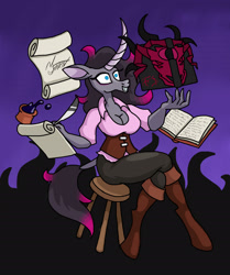Size: 1920x2300 | Tagged: safe, artist:ma5teroftheuniv3rse, oleander (tfh), unicorn, anthro, unguligrade anthro, them's fightin' herds, book, boots, breasts, cleavage, community related, dark magic, female, magic, scroll, shoes, sitting, solo, stool, unicornomicon