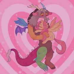 Size: 1440x1440 | Tagged: safe, artist:ariariari.png, discord, fluttershy, draconequus, pegasus, pony, g4, blushing, duo, female, heart, heart eyes, hug, male, ship:discoshy, shipping, straight, wingding eyes