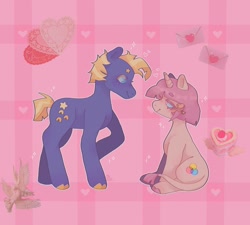 Size: 1440x1296 | Tagged: safe, artist:ariariari.png, star tracker, oc, oc:cinnamon satin, earth pony, pony, unicorn, g4, duo, leonine tail, looking at each other, looking at someone, tail