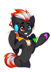 Size: 821x1161 | Tagged: safe, artist:falafeljake, oc, oc only, pegasus, pony, belly, bipedal, bronucon, bronucon 2023, bronukon, chest fluff, ear fluff, headphones, heterochromia, hoof hold, leg fluff, partially open wings, ribcage, simple background, smiling, solo, transparent background, wings