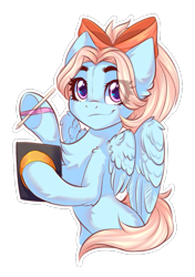 Size: 633x897 | Tagged: safe, artist:falafeljake, oc, oc only, pegasus, pony, belly, bipedal, bow, bronucon, bronucon 2023, bronukon, chest fluff, female, hair bow, mare, partially open wings, pen, simple background, solo, tablet, transparent background, wings