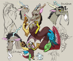 Size: 6000x5026 | Tagged: safe, artist:chub-wub, angel bunny, discord, draconequus, rabbit, g4, absurd resolution, animal, beard, cookie, duo, duo male, facial hair, fangs, food, gray background, jewelry, male, multeity, open mouth, signature, simple background, sketch, sketch dump, style emulation, tiara, young discord