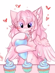Size: 1200x1600 | Tagged: safe, artist:falafeljake, oc, oc only, pegasus, pony, belly, bipedal, blushing, cupcake, female, food, frosting, heart, icing bag, licking, licking lips, mare, pegasus oc, smiling, solo, spread wings, tongue out, wings