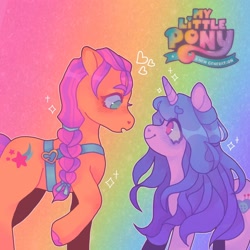 Size: 1440x1440 | Tagged: safe, artist:ariariari.png, izzy moonbow, sunny starscout, earth pony, pony, unicorn, g5, my little pony: a new generation, blushing, braid, braided ponytail, duo, female, lesbian, looking at each other, looking at someone, mare, ponytail, ship:moonscout, shipping, smiling