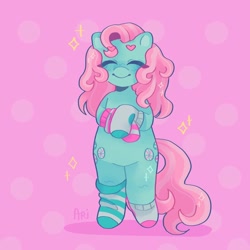 Size: 1440x1440 | Tagged: safe, artist:ariariari.png, minty, earth pony, pony, g3, bipedal, clothes, smiling, socks, solo, sparkles, that pony sure does love socks
