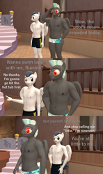 Size: 1920x3240 | Tagged: safe, artist:papadragon69, rumble, thunderlane, pegasus, anthro, comic:what happens underneath the surface..., g4, 3d, brothers, clothes, comic, hot tub, male, male nipples, nipples, older, older rumble, siblings, source filmmaker, sunglasses, swimsuit