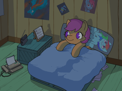 Size: 1600x1200 | Tagged: safe, artist:darkdoomer, rainbow dash, scootaloo, pegasus, pony, g4, bed, bedsheets, body pillow, box, clubhouse, dakimakura cover, fax machine, female, filly, foal, imageboard, looking at something, meme, night, pallet, picture frame, poster, radio, sleep tight, solo, thread