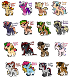 Size: 4000x4400 | Tagged: safe, artist:sexygoatgod, oc, oc only, bat pony, earth pony, pegasus, pony, unicorn, adoptable, chibi, female, group, male, simple background, transparent background