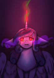 Size: 1640x2360 | Tagged: safe, artist:kaiponpon, princess flurry heart, alicorn, pony, g4, colored horn, corrupted, curved horn, dark magic, earpiece, floppy ears, gradient background, horn, magic, open mouth, partially open wings, solo, sombra eyes, sombra horn, wings
