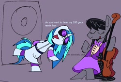 Size: 1348x912 | Tagged: safe, artist:riptyde164, dj pon-3, octavia melody, vinyl scratch, earth pony, unicorn, semi-anthro, g4, 100 gecs, arm hooves, bipedal, bowtie, cello, clothes, dialogue, duo, equestria girls outfit, female, lesbian, musical instrument, octavia's bowtie, ship:scratchtavia, shipping, speaker