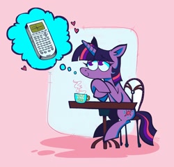 Size: 1280x1228 | Tagged: safe, artist:horsewizardart, artist:icky_slicky, twilight sparkle, pony, unicorn, g4, blushing, calculator, chair, collaboration, crossed hooves, cup, heart, signature, smiling, solo, steam, table, thought bubble, unicorn twilight
