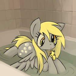 Size: 949x946 | Tagged: safe, artist:muffinz, derpy hooves, pegasus, pony, g4, :o, bath, bathtub, cute, derpabetes, female, lying down, mare, open mouth, prone, rubber duck, solo, spread wings, water, wings
