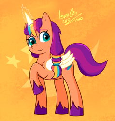 Size: 986x1035 | Tagged: safe, artist:ismazhecat, sunny starscout, alicorn, earth pony, pony, g5, my little pony: tell your tale, alicornified, cute, female, magic, mane stripe sunny, mare, race swap, raised hoof, solo, sunnybetes, sunnycorn, wings