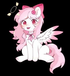 Size: 286x307 | Tagged: artist needed, safe, oc, oc only, oc:bubble cloud, pegasus, pony, black background, bow, chest fluff, clothes, female, hair bow, hairpin, mare, scarf, simple background, sitting, solo, spread wings, wings