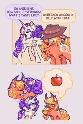 Size: 1376x2048 | Tagged: safe, artist:pastacrylic, applejack, rarity, earth pony, pony, unicorn, g4, alternate cutie mark, alternate design, alternate hairstyle, apple, chest fluff, comic, dialogue, duo, eyes closed, female, food, lesbian, lidded eyes, looking at each other, looking at someone, ship:rarijack, shipping, smiling, that pony sure does love apples, thought bubble