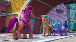 Size: 1920x1080 | Tagged: safe, screencap, hitch trailblazer, izzy moonbow, sunny starscout, earth pony, pony, unicorn, g5, have you seen this dragon?, my little pony: make your mark, my little pony: make your mark chapter 2, female, male, mane stripe sunny, mare, stallion, trio