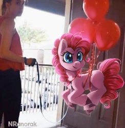 Size: 1080x1108 | Tagged: safe, artist:anoraknr, pinkie pie, earth pony, human, pony, g4, balloon, clothes, collar, cute, diapinkes, door, female, floating, flying, irl, leash, missing cutie mark, photo, photoshop, ponies in real life, ponified animal photo, pony pet, ponytail, real life background, skirt, tail, then watch her balloons lift her up to the sky