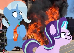 Size: 800x569 | Tagged: safe, artist:blitzypony, starlight glimmer, trixie, pony, unicorn, g4, apron, clothes, female, fire, hair tie, home depot, irl, mare, name tag, photo, photoshop