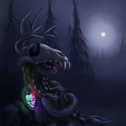 Size: 3000x3000 | Tagged: safe, artist:dr-fade, oc, oc only, pony, braid, dark, forest, high res, moon, night, skull, solo, tree, twin braids