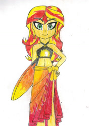 Size: 1062x1508 | Tagged: safe, artist:spongeotakuph, sunset shimmer, human, equestria girls, g4, my little pony equestria girls: better together, bikini, clothes, eyebrows, eyebrows visible through hair, hand on hip, looking at you, sarong, summer, surfboard, swimsuit, traditional art