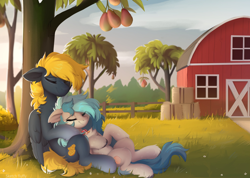 Size: 2486x1770 | Tagged: safe, artist:little-sketches, oc, oc only, oc:osteen, oc:peacher, pegasus, pony, barn, collar, duo, duo male and female, eyes closed, female, fence, food, grass, hay bale, high res, male, mango, mare, oc x oc, outdoors, peachsteen, pegasus oc, resting, shipping, stallion, straight, tree, wings