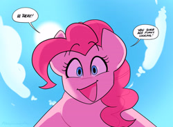 Size: 3072x2264 | Tagged: safe, artist:averysweatyboy, part of a set, pinkie pie, earth pony, pony, g4, cloud, comic, explicit source, female, high res, looking at you, mane, mare, monologue, open mouth, sky, smiling, solo, sun, talking, text