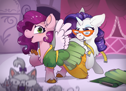 Size: 4252x3071 | Tagged: safe, artist:cutepencilcase, opalescence, pipp petals, rarity, cat, pegasus, pony, unicorn, g4, g5, clothes, dress, duo focus, female, generational ponidox, mare, measuring tape, pipp and her heroine, smiling, starry eyes, wingding eyes