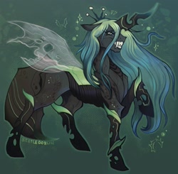 Size: 1630x1600 | Tagged: safe, artist:beetlegoblin, queen chrysalis, changeling, changeling queen, insect, g4, abstract background, crown, fangs, female, flowing mane, full body, gradient mane, grin, horn, insect wings, jewelry, long eyelashes, mare, quadrupedal, raised hoof, regalia, signature, smiling, solo, sparkles, teeth, transparent wings, wings
