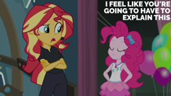 Size: 2000x1125 | Tagged: safe, edit, edited screencap, editor:quoterific, screencap, pinkie pie, sunset shimmer, human, all the world's off stage, equestria girls, g4, my little pony equestria girls: better together, geode of sugar bombs, magical geodes