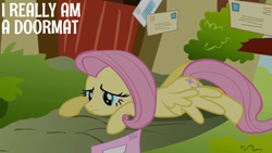 Size: 1920x1080 | Tagged: safe, edit, edited screencap, editor:quoterific, screencap, fluttershy, pegasus, pony, g4, putting your hoof down, season 2, doormat, female, fluttershy's cottage, frown, mail, mare, sad, solo, spread wings, wings