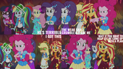 Size: 2000x1125 | Tagged: safe, edit, edited screencap, editor:quoterific, screencap, applejack, fluttershy, pinkie pie, rainbow dash, rarity, sci-twi, sunset shimmer, twilight sparkle, human, equestria girls, equestria girls specials, g4, my little pony equestria girls: better together, my little pony equestria girls: sunset's backstage pass, humane five, humane seven, humane six, music festival outfit