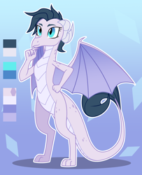 Size: 3250x4007 | Tagged: safe, alternate version, artist:nika-rain, oc, oc only, dragon, commission, cute, dragon oc, dragon wings, dragoness, eyebrows, female, gradient background, hand on hip, looking left, non-pony oc, reference sheet, short hair, show accurate, solo, spread wings, vector, wings