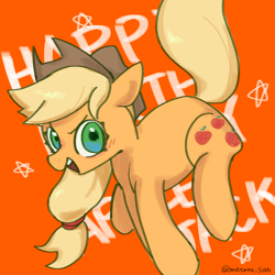 Size: 1280x1280 | Tagged: safe, artist:metaruscarlet, applejack, earth pony, pony, g4, applejack's hat, blushing, cowboy hat, female, happy birthday, hat, looking at you, open mouth, orange background, simple background, solo