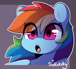 Size: 2400x2188 | Tagged: safe, artist:sakukitty, rainbow dash, pegasus, pony, g4, abstract background, bust, cel shading, cute, dashabetes, eye clipping through hair, female, high res, looking at you, mare, open mouth, outline, portrait, shading, signature, simple shading, solo, white outline