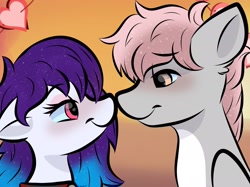 Size: 2048x1535 | Tagged: safe, artist:doodle-hooves, oc, oc:anykoe, oc:cotton puff, earth pony, pegasus, pony, boop, cel shading, cute, gradient background, lidded eyes, looking at each other, looking at someone, noseboop, shading, smiling