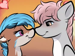Size: 2048x1535 | Tagged: safe, artist:doodle-hooves, oc, oc:cotton puff, oc:lissy fluffball, moth, mothpony, original species, pegasus, pony, boop, cel shading, cute, gradient background, lidded eyes, looking at each other, looking at someone, noseboop, shading, smiling