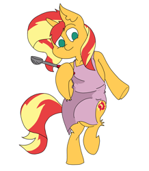 Size: 3508x4016 | Tagged: safe, artist:ponny, sunset shimmer, pony, unicorn, semi-anthro, g4, apron, arm hooves, clothes, colored, female, ladle, mare, simple background, solo, white background