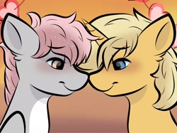 Size: 2048x1535 | Tagged: safe, artist:doodle-hooves, oc, oc:cotton puff, oc:sunlight bolt, pegasus, pony, unicorn, boop, cel shading, cute, gradient background, lidded eyes, looking at each other, looking at someone, noseboop, shading, smiling