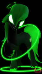 Size: 2160x3840 | Tagged: safe, artist:loveslove, oc, oc only, oc:zvykar, pony, 3d, black background, glowing, glowing eyes, green eyes, green mane, green tail, high res, looking at you, neon, raised hoof, simple background, smiling, smiling at you, tail